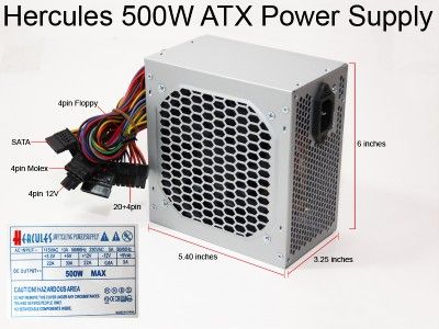 Hercules 500W 120mm Fan Silent ATX Power Supply w/20 24pin SATA 