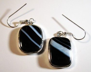 MEXICAN ONYX BANDED AGATE SS DANGLE EARRINGS 1 7/8  