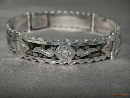 Enamel & Abalone Sterling Panel Link Bracelet   Mex.  