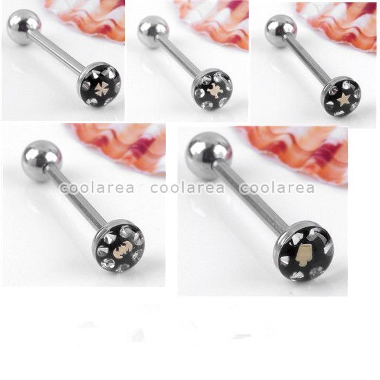   14G Stainless Steel Crystal Black Plastic Barbell Tongue Ring Piercing