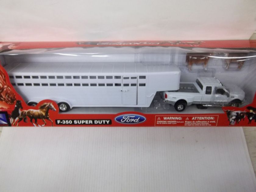 RAY 1/32 SCALE F 350 SUPER DUTY DIECAST WHITE TRUCK LIVESTOCK TRAILER 