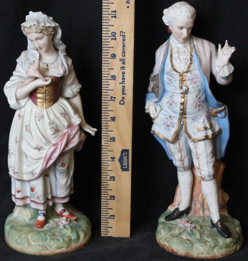 L443 LOT 2 VINTAGE GERMAN BISQUE PORCELAIN FIGURINES COLONIAL LADY AND 