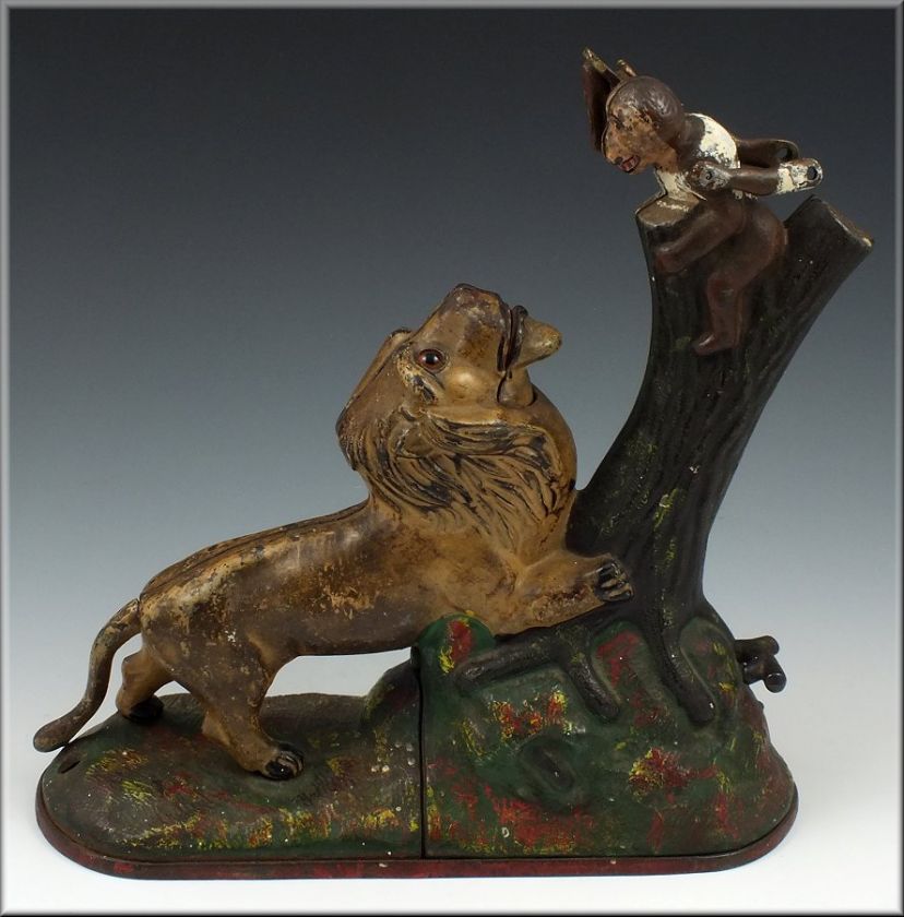   19thC Kyser & Rex Lion & Monkey Cast Iron Mechanical Bank  