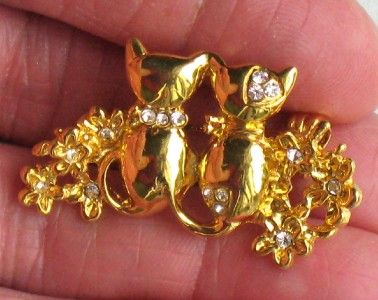 VINTAGE RHINESTONE CAT FLOWER GOLDTONE BROOCH PIN  