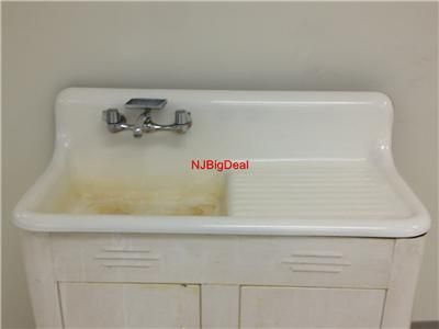 VINTAGE KITCHEN SINK WITH CABINET WHITE PORCELAIN CAST IRON AND STEEL 