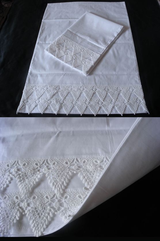 PILLOWCASES PAIR of LACE PILLOW SHAM VINTAGE NEW 100% COTTON WHITE 