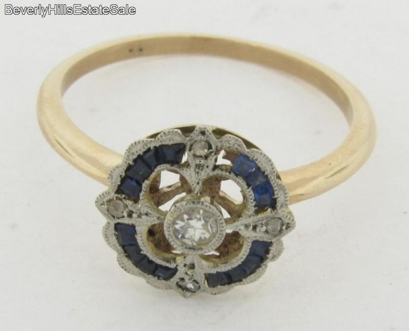 Antique Art Deco Diamonds Sapphires White & Yellow Gold Ring  
