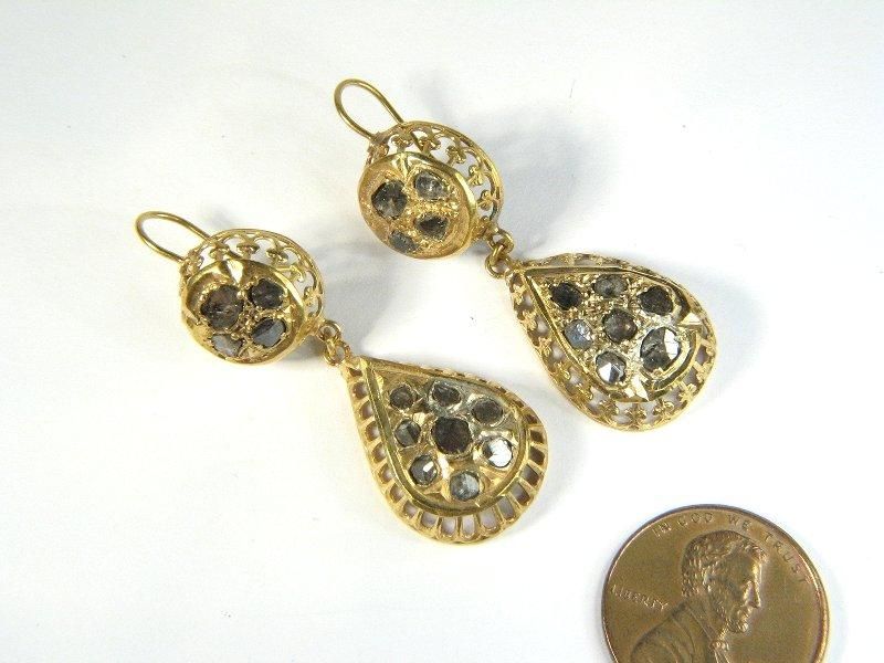   ANTIQUE SPANISH 18K GOLD ROSE CUT DIAMOND DROP EARRINGS c1820  