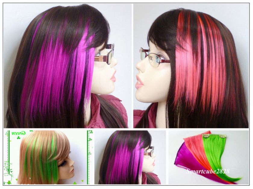 Party Colored Bangs Fringe Clip on Hair Extension (Purple, Hot Pink 