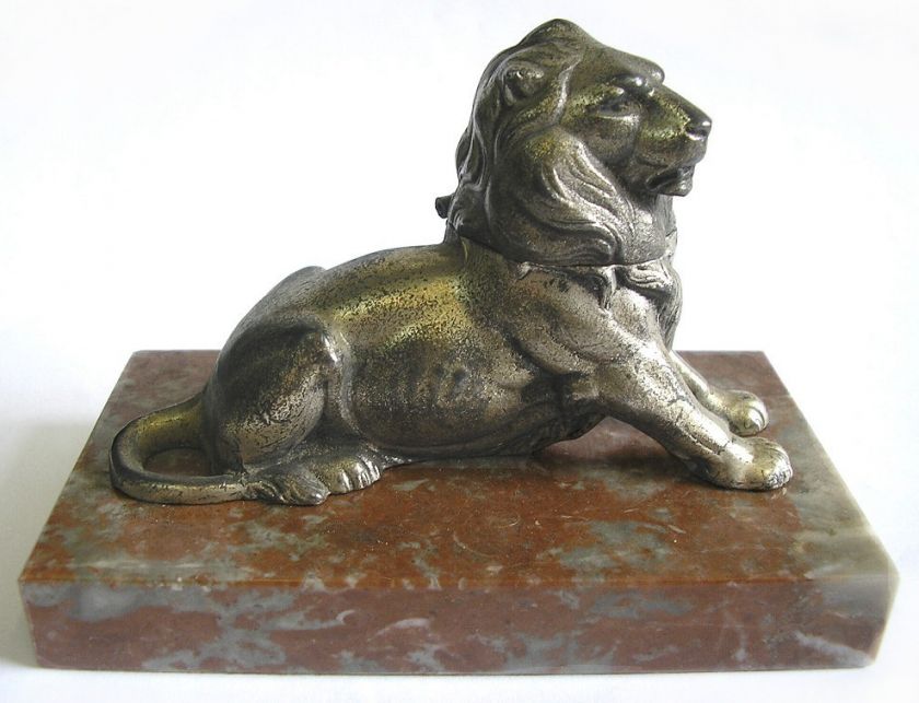 BELFORT LION INKWELL STATUE FRANCE METAL ON MARBLE 1950  