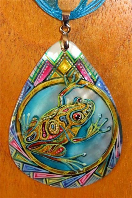 Russian UNIQUE hand painted GREEN FROG SHELL pendant CHRISTMAS GIFT 