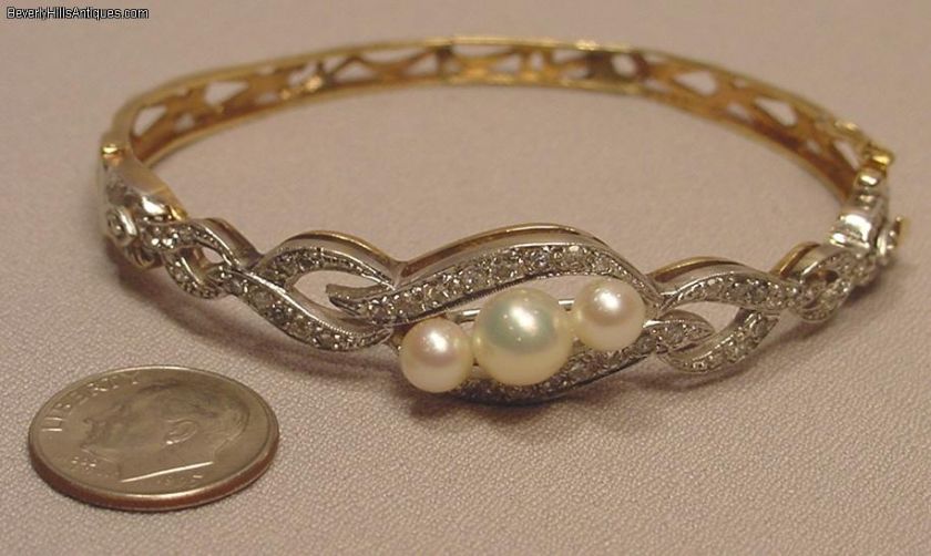 Rare Antique 14k Diamonds Pearls Bracelet  