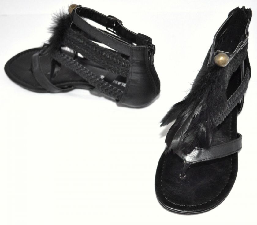 City Classified Gallon Feather Gladiator Thong Sandal Black Leather 