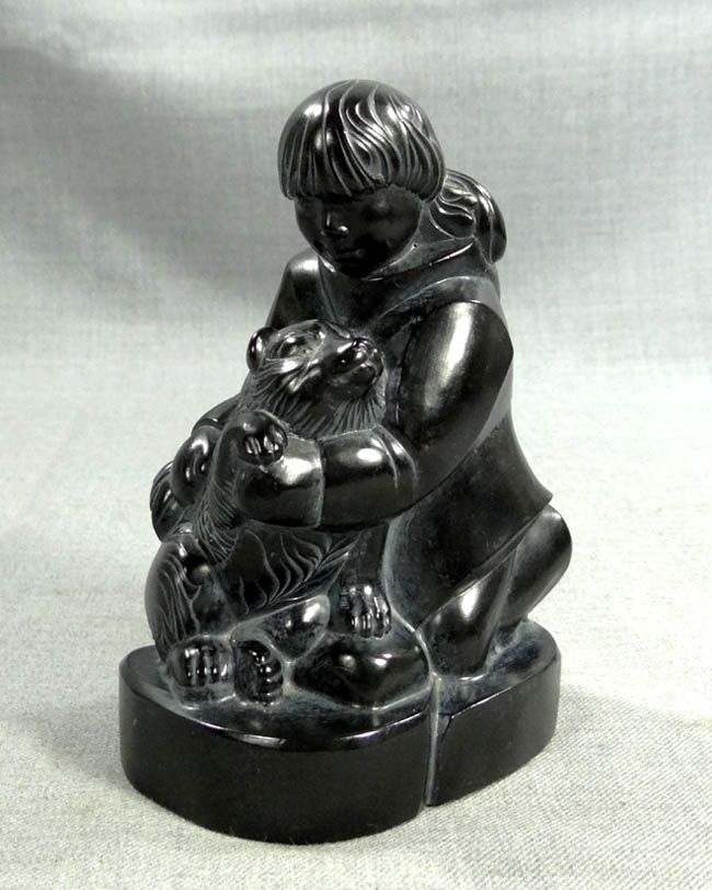 VINTAGE CANADIAN ESKIMO DOG INUIT GIRL CARVING SCULPTURE STATUE 