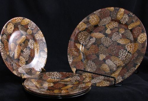 Decoupage Desert 5PC Plate Set Pine Cones & Gold  