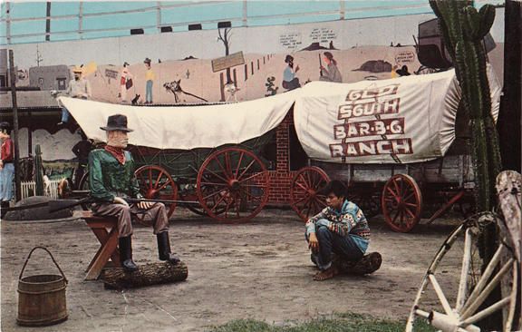 Post Card Covered Wagons Old South BBQ Ranch  