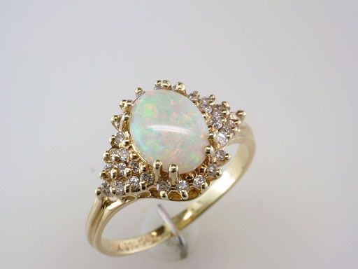 Antique Deco Genuine Fiery Opal 0.35ct Diamond 14K Yellow Gold 