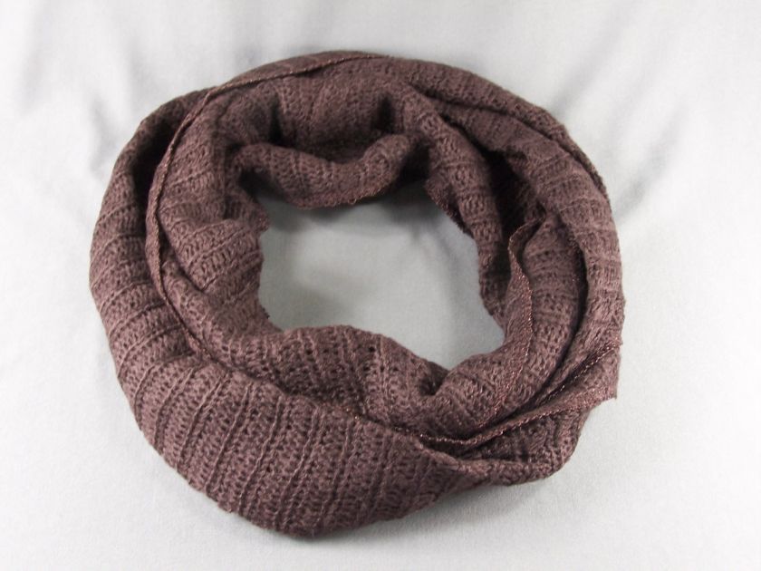 Brown soft extra wide ribbed knit circle infinity endless loop scarf 
