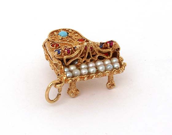 INTRICATE 14K GOLD & GEMS 3D DIMENSIONAL PIANO CHARM  