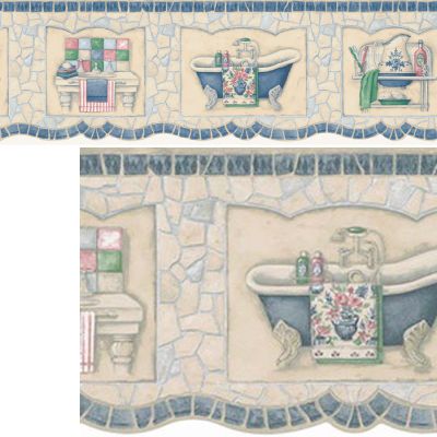 Victorian Bath Tub Blue Mosaic Tile Wallpaper Border  