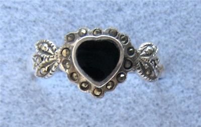    STERLING SILVER MARCASITE & BLACK ONYX HEART RING (Style # MR210 SS