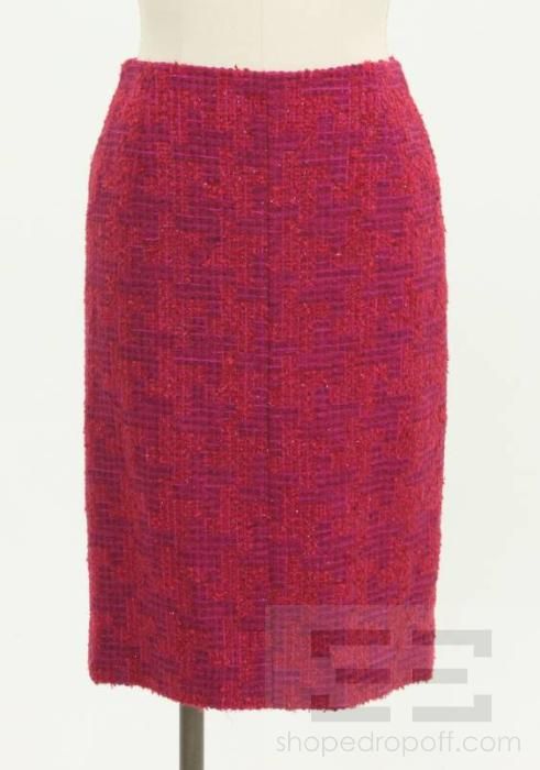 Escada Black Label 2pc Fuchsia Tweed Fringe Trim Jacket & Skirt Suit 