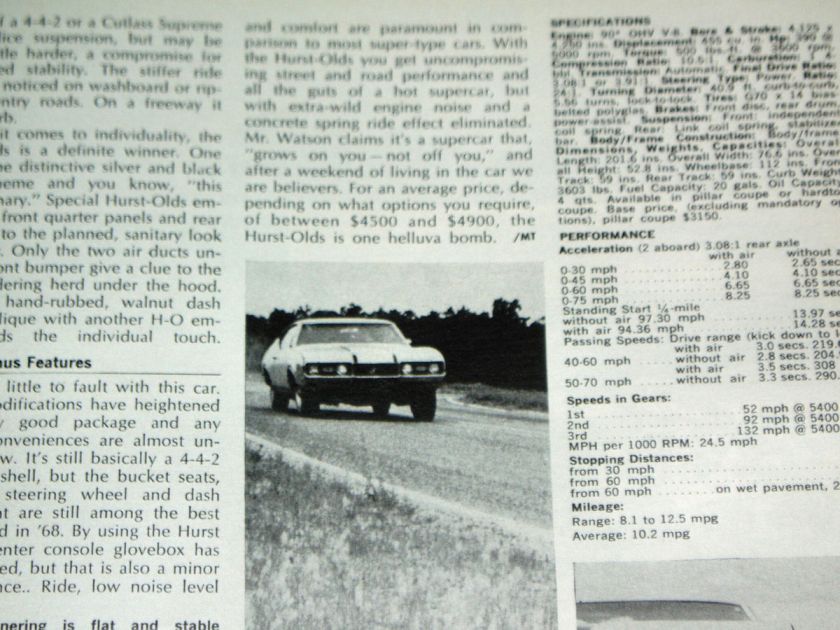 1969 HURST OLDS/1968 ROAD TEST Cutlass/442*Performance Data/Options 