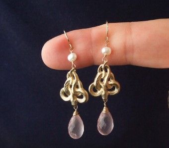 14k Gold Vintage French Snake Rose Quartz Pearl Earrings  