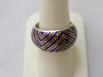 Vintage Sterling Silver Blue & Gold Enamel Dome Ring size 9.5  