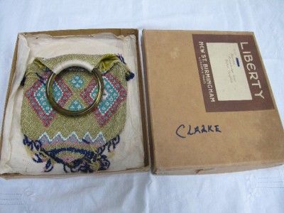 ANTIQUE EDWARDIAN LIBERTY BEADED BEADWORK & GLASS HANDLED PURSE BAG 