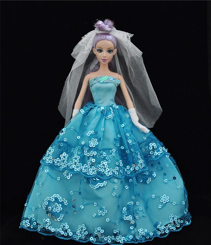Blue Lace Princess Wedding Long Dress For Barbie Doll  