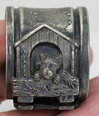   QUADRUPLE PLATE FIGURAL BULLDOG INSIDE DOG HOUSE NAPKIN RING  