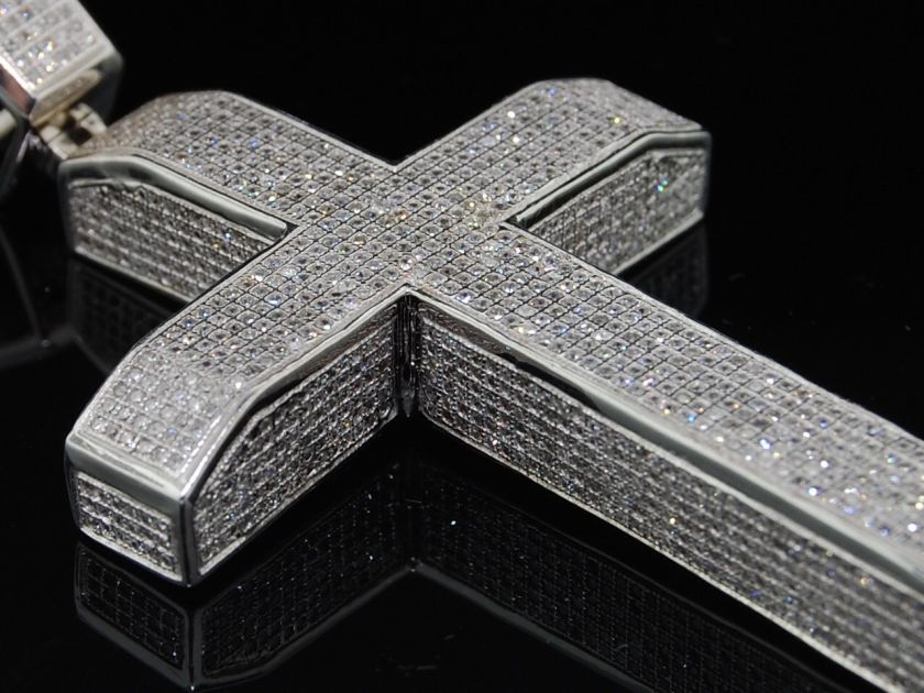 MENS WHITE GOLD PAVE DIAMOND CURVED CROSS CHARM PENDANT  