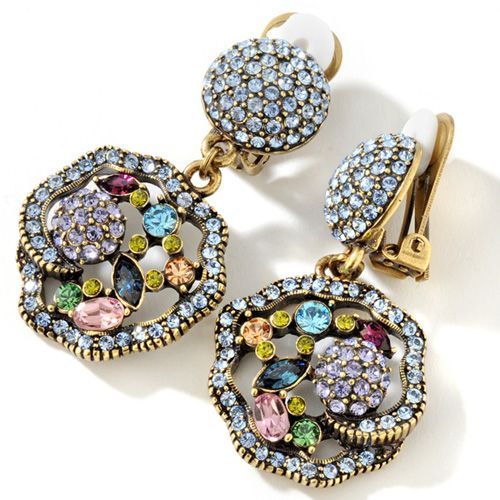   PAVE RAINBOW MULTI SHAPE CRYSTAL FLOWER DROP CLIP EARRINGS NEW  