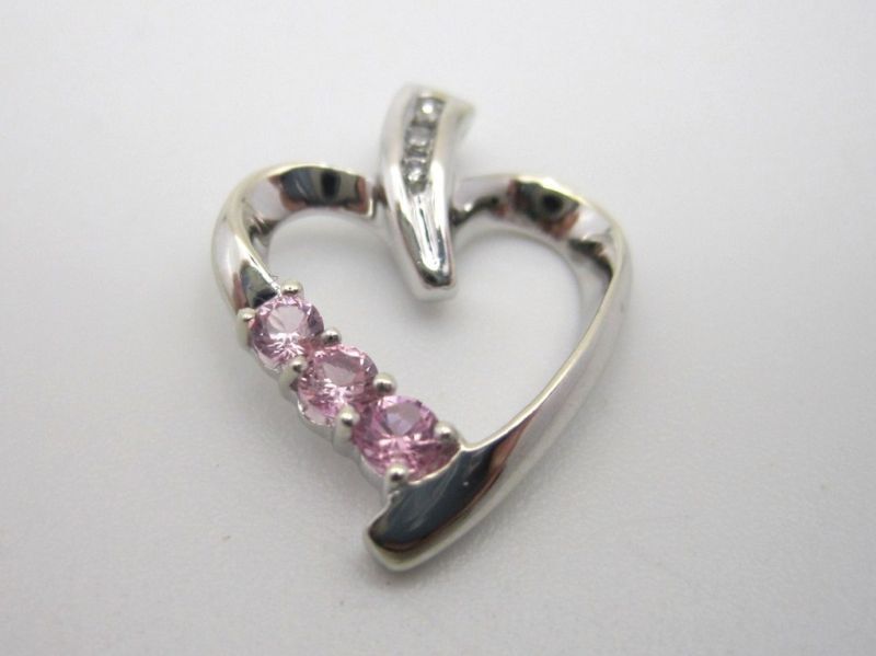 10k White Gold Heart Pendant Syn Pink Stones Diamonds  